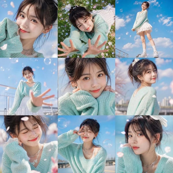 A vibrant 3×3 grid photo collage containing nine unique and expressive poses based on the uploaded… prompt example