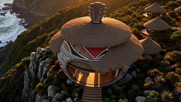 A breathtaking futuristic African eco-lodge inspired by a traditional Xhosa ingqayi (clay pot), per… prompt example