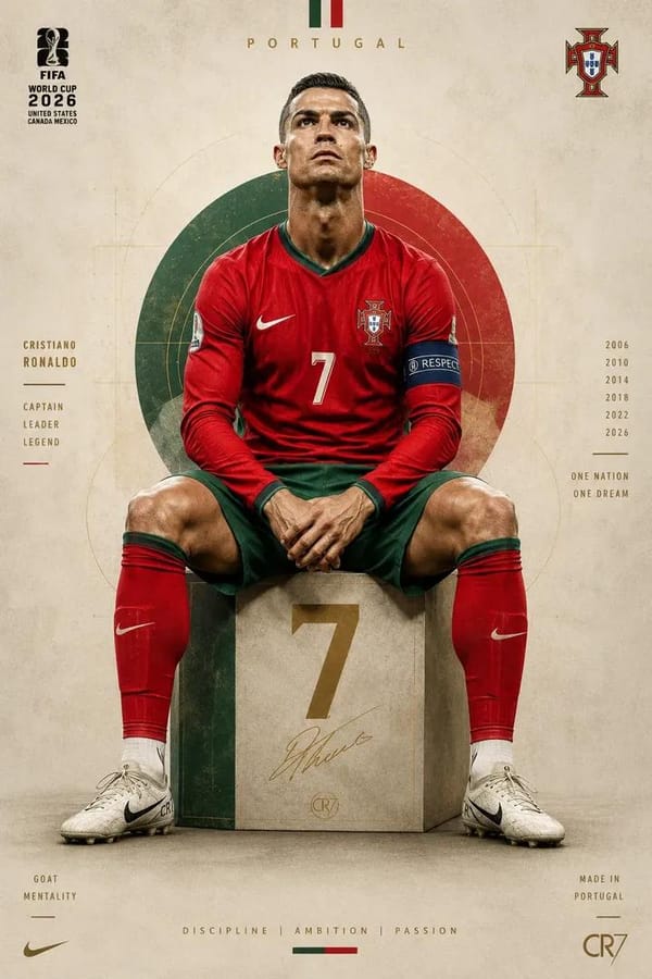 Ultra-detailed football portrait poster of a legendary Portuguese footballer sitting on a geometric… prompt example