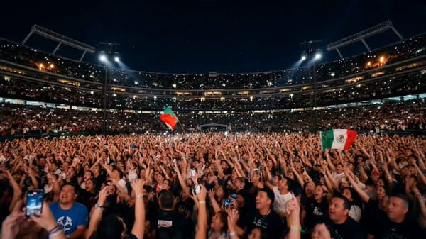 high-energy 1080p montage of fast crowd cutaways at a massive sold-out Mexican concert in a huge st… prompt example
