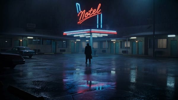 A tall faceless figure stands motionless beneath a flickering roadside motel sign at night. The…