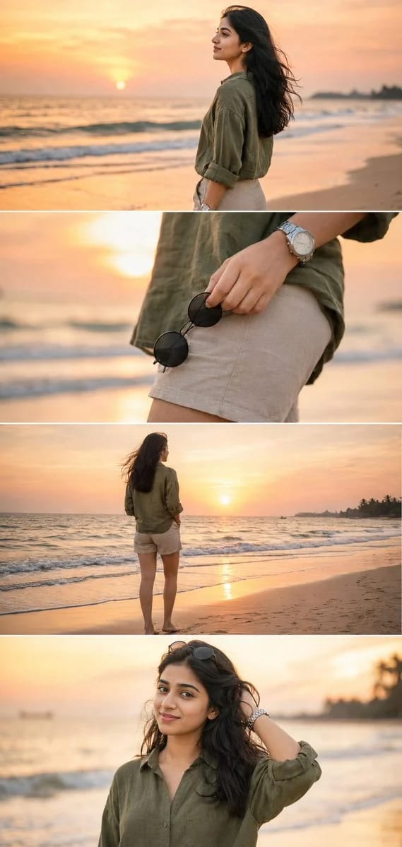 Ultra-realistic DSLR cinematic beach photoshoot collage featuring the SAME girl from the uploaded r… prompt example