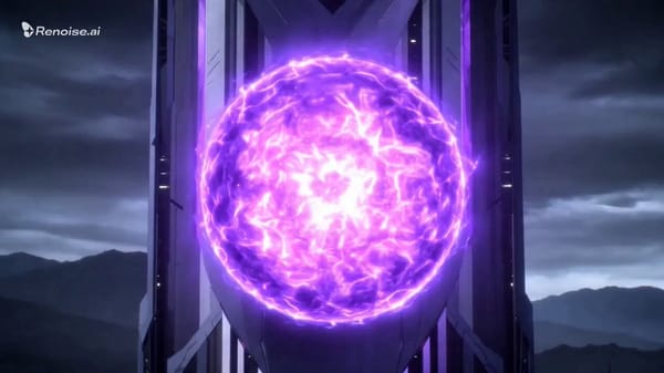 A powerful energy shockwave ripples outward as the massive purple orb implodes above the futuri…