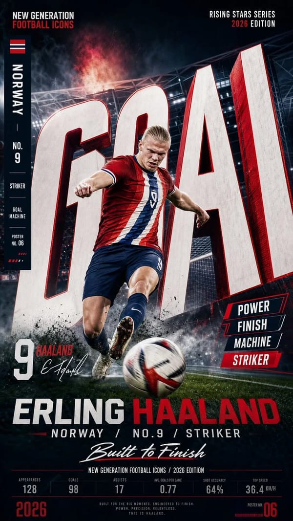 Create a vertical 9:16 high-resolution football star campaign poster. prompt example