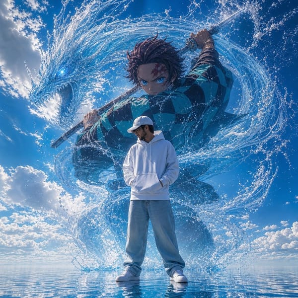 Ultra-realistic cinematic fantasy portrait, low-angle wide shot over a vast reflective ocean su…