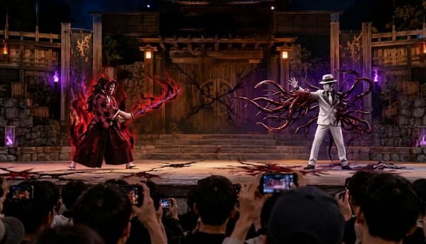 A cinematic 15-second action sequence of a legendary live-action stage duel between two powerfu…