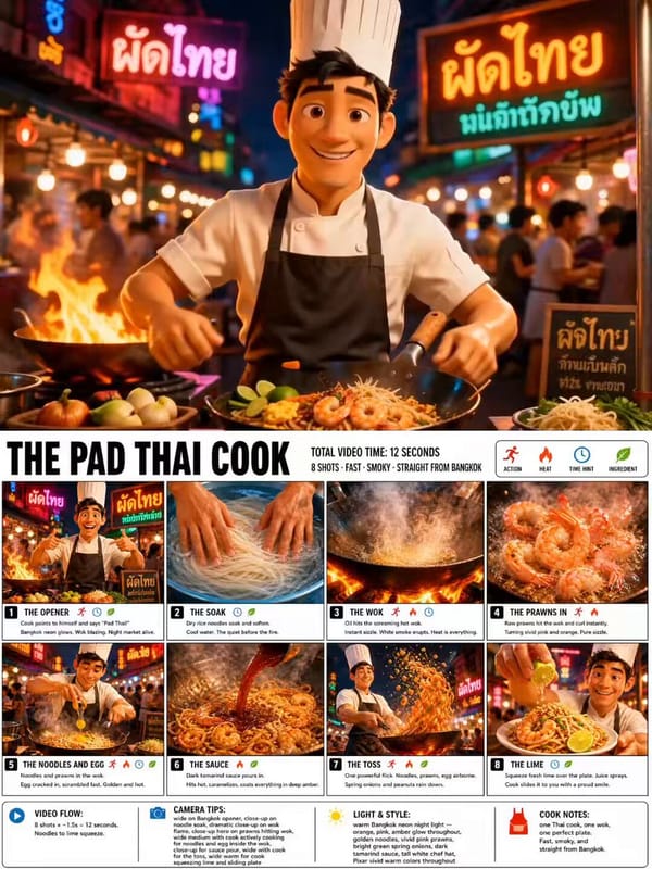 Use the attached THE PAD THAI COOK storyboard as exact visual reference. Create a 12-second 16:…