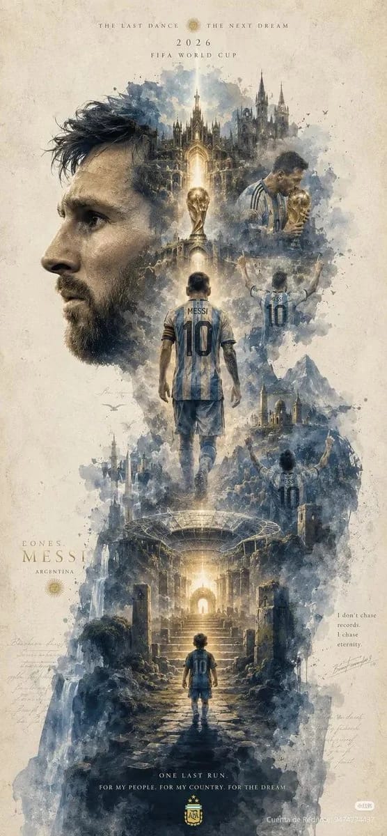 Epic cinematic watercolor poster of Lionel Messi, giant side-profile portrait dominating the left s… prompt example