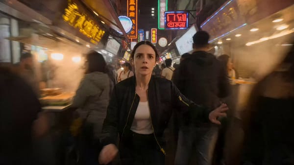 A young woman is making her way through a crowded night market. 24mm wide-angle lens prompt pre…