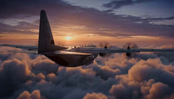 Hyper-realistic cinematic action sequence, 15 seconds, aspect ratio 16:9. A large military carg…