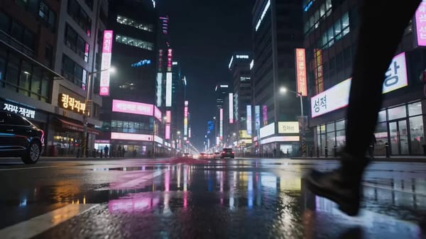 Low-angle tracking shot following a woman in a black tactical outfit walking down a wet neon-li…