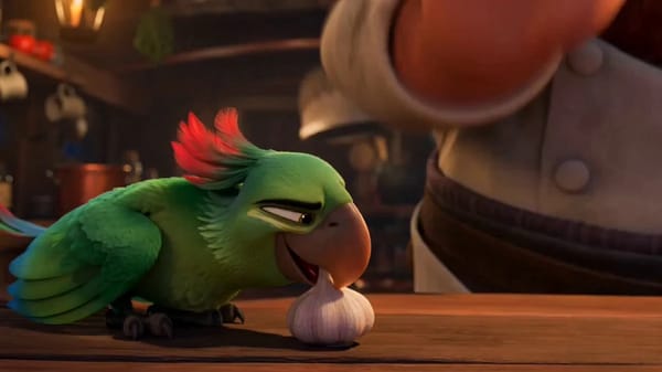 Pixar-quality 3D ASMR comedy aboard a lantern-lit pirate ship galley. A burly pirate chef cooks whi… prompt example