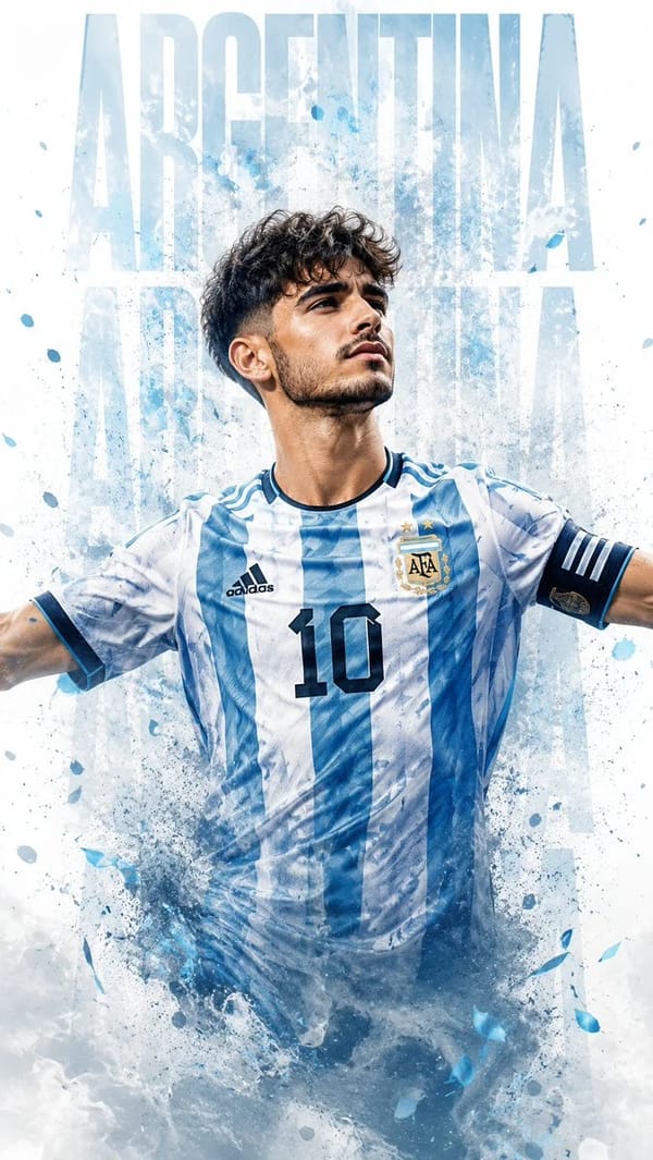 A male footballer with a face similar to the reference photo wearing the Argentina national team's… prompt example