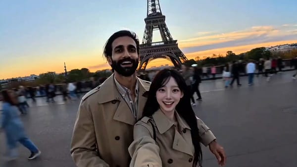 Create a 15-second cinematic hyper-lapse couple travel vlog featuring Husband @ img and Wife @…