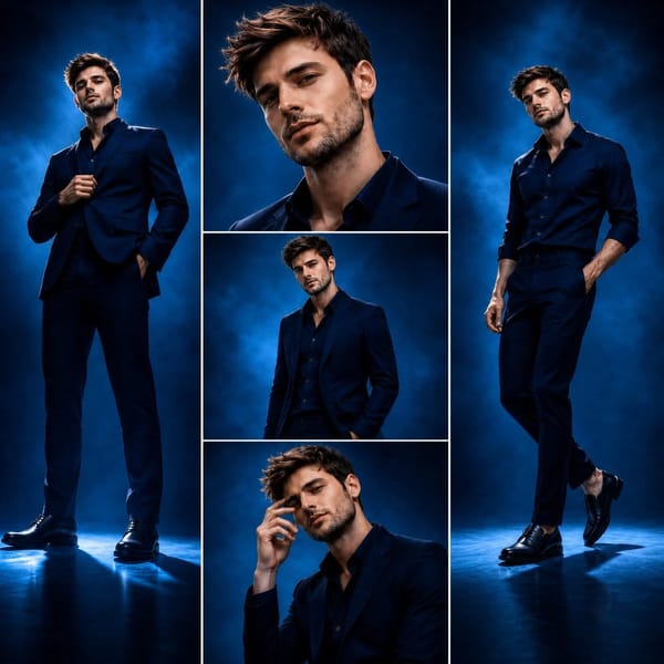 Aspect ratio 1:1. Luxury fashion editorial, three-panel composite layout on cool-grey studio ba…