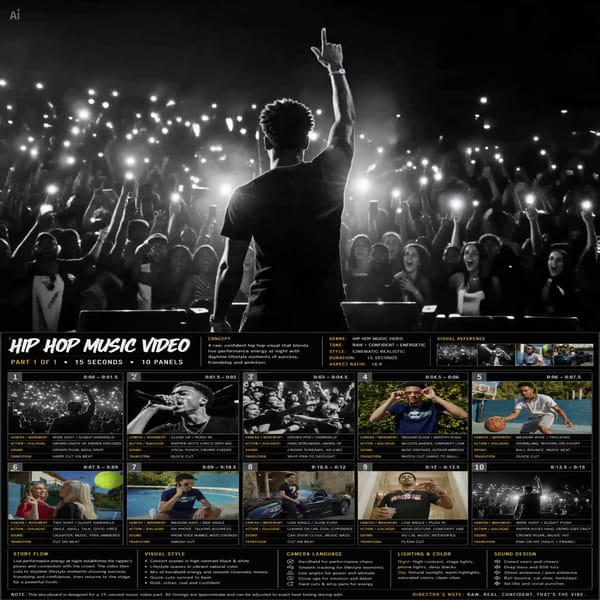 Create Part 1 of a cinematic hip hop music video, total duration 15 seconds, 16:9, cinematic re…