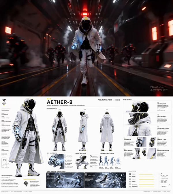 AETHER-9 // VENTRAL LOCKWAY ESCAPE — 15s Action Sequence variable-speed (slow-mo accents) Mood: des… prompt example