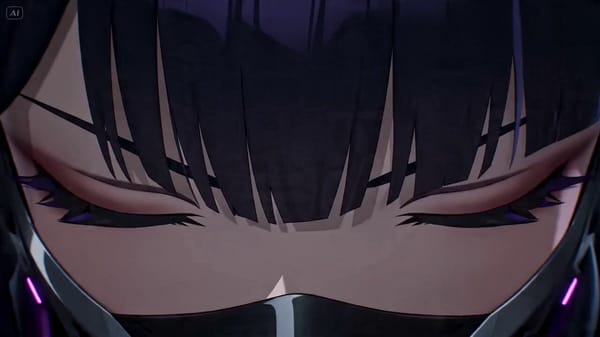 A cyberpunk 3D anime kunoichi with violet glowing eyes, black tactical kimono mixed with futuri…