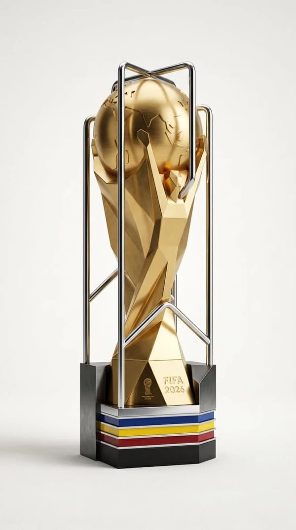 A highly detailed, photorealistic product render of the FIFA 2026 World Cup trophy, featuring the i… prompt example