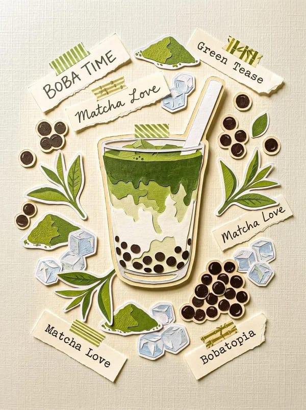 A central subject surrounded by sticker elements that feel cut-out and layered like a scrapbook. prompt example