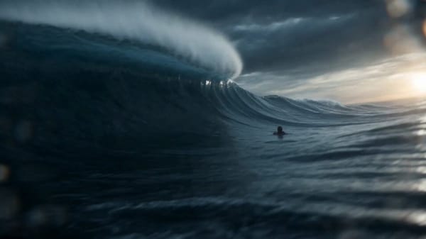 15-second ultra-cinematic realistic aquatic transformation sequence during a violent North Atla…