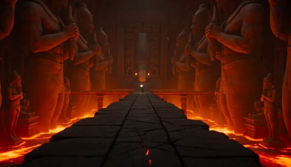 Hyper-realistic cinematic action sequence, 15 seconds, aspect ratio 16:9. Inside an ancient tem…