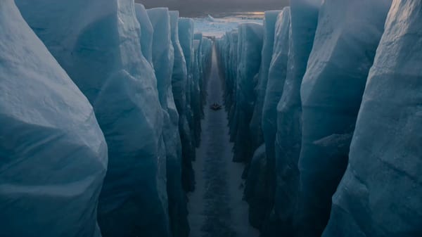 Alien ice canyon: a high-speed traversal turns into survival as the environment begins collapsing a… prompt example