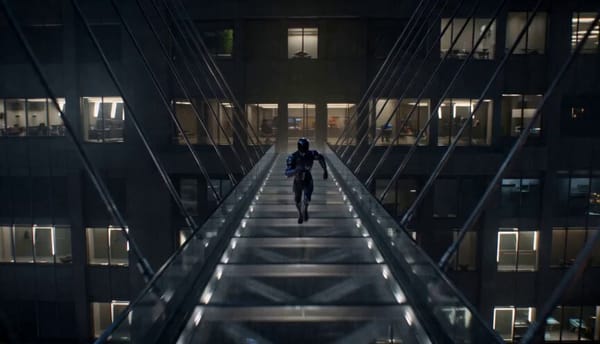 Hyper-realistic cinematic action, 15 seconds, 16:9. Night, futuristic city. A courier in a slee…