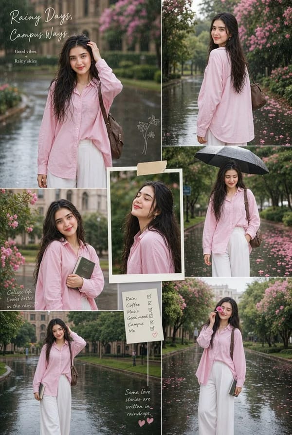 Create an aesthetic rainy-season college portrait collage featuring stylish young woman wears a…