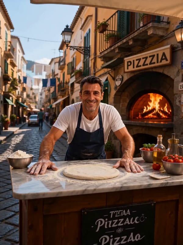 Use @image1 to create a 12s cinematic animation. 16:9. Naples street pizzeria. Wood-fired oven…