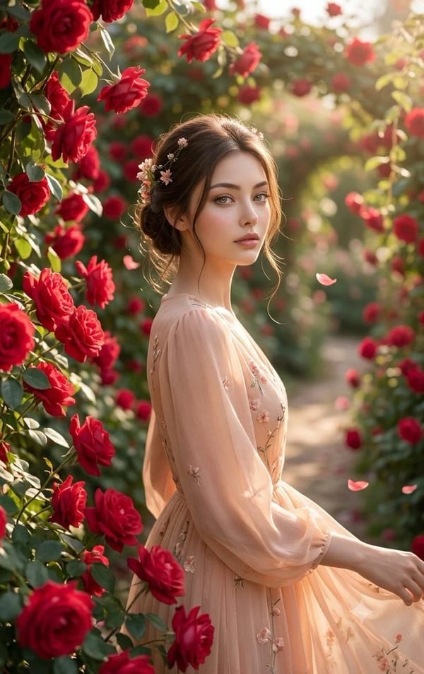 Ultra-realistic cinematic portrait of a beautiful young Korean girl standing in a lush rose garden… prompt example