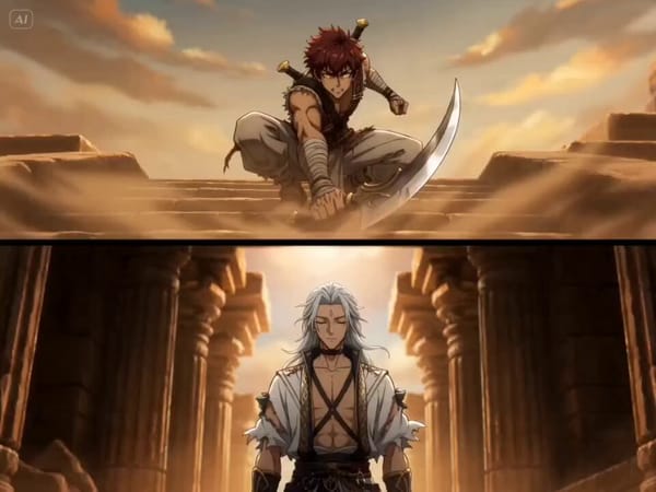 TITLE: Desert Temple Clash REFERENCE: Use the uploaded character sheet and storyboard as main visua… prompt example
