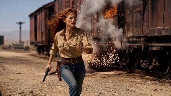 Vintage 1990s theatrical action-adventure film scene, 16:9 widescreen, practical effects only, shot… prompt example