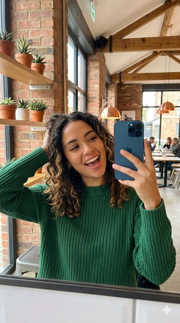A vertical mirror selfie of a cheerful young woman with light brown skin, subtle freckles, and volu… prompt example