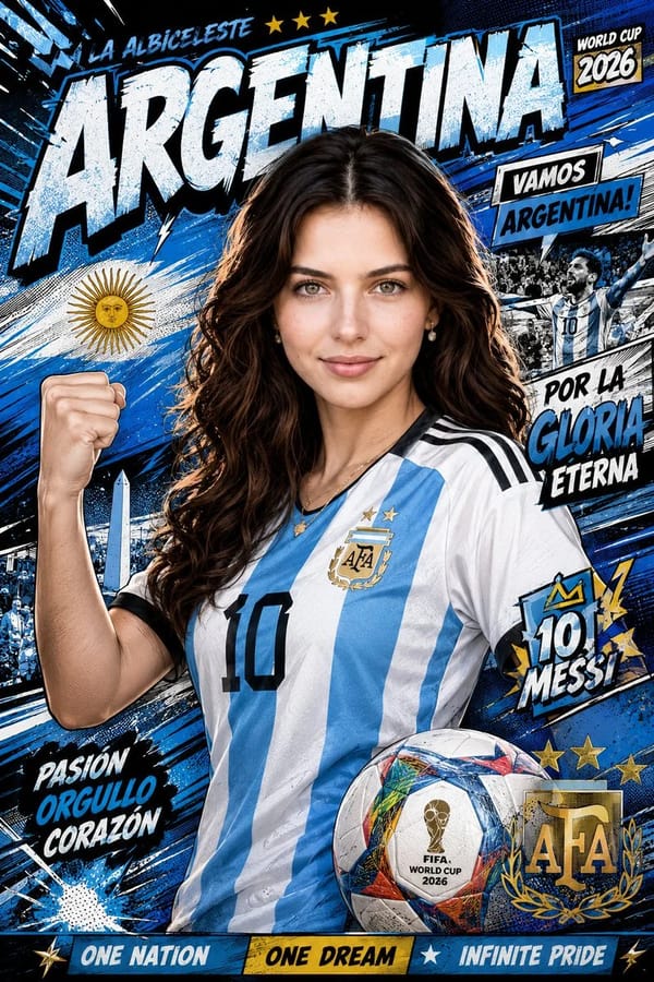 Create a high-impact portrait poster in a modern Comic Book World Cup 2026 Style, designed with a c… prompt example