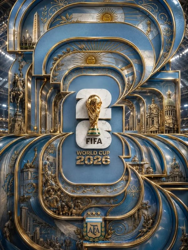 Ultra-luxury FIFA World Cup 2026 poster, monumental layered Art Deco architecture made from interlo… prompt example