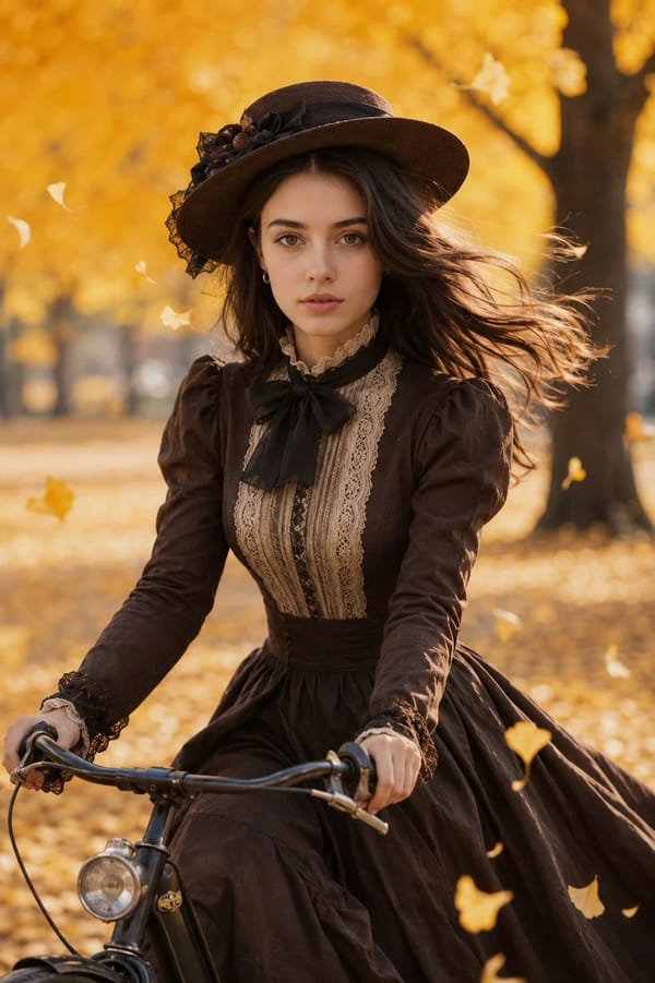 An ultra-realistic, cinematic portrait of a beautiful young woman riding a vintage black bicycle th… prompt example