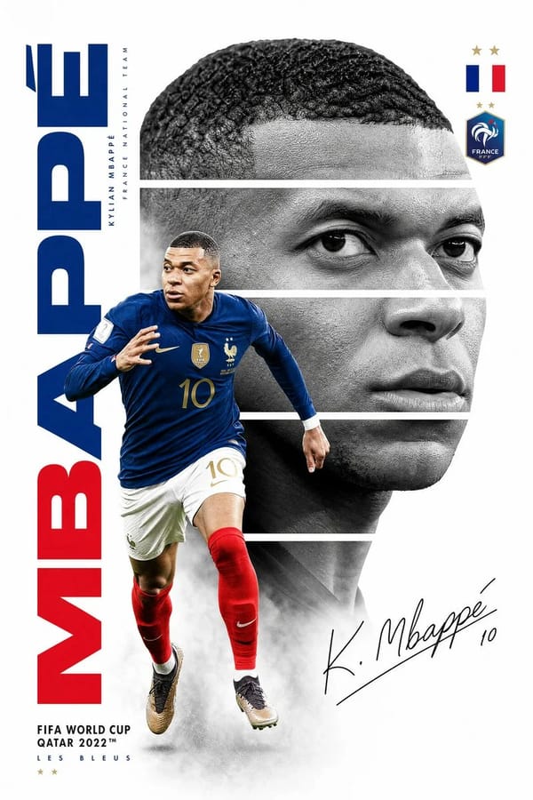 Create a premium FIFA World Cup poster design featuring Kylian Mbappé. Minimalist white background… prompt example