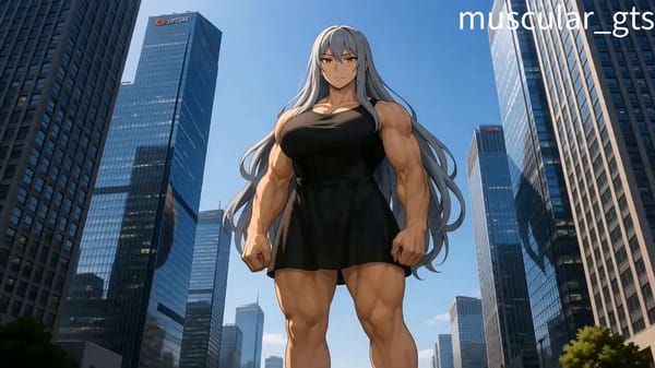 A muscular giantess crushes a building in her arms, causing it to collapse. prompt preview