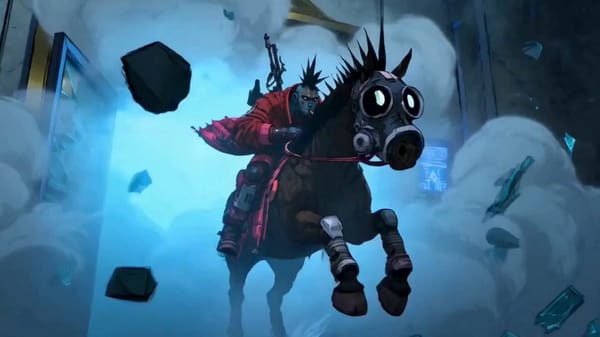 blue-skinned cyberpunk rider on a black gas-mask horse, red coat, cigarette, spiked hair, neon…