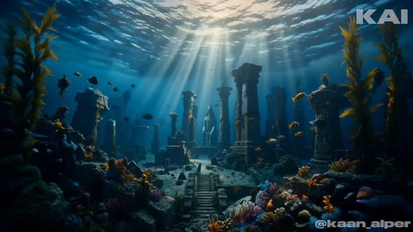 Photoreal cinematic underwater documentary, vast sunken Egyptian city on the ocean floor, haunt…