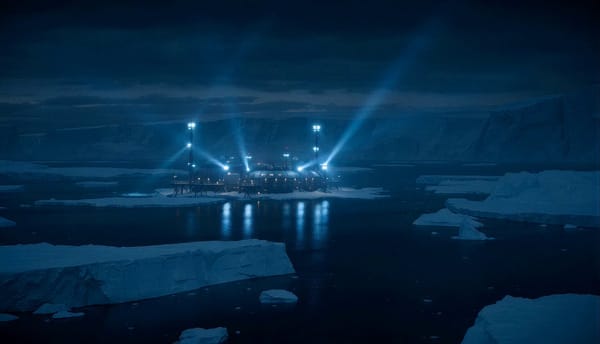 Remote futuristic Arctic research station during polar night. Endless snowstorm. Blue floodlights i… prompt example