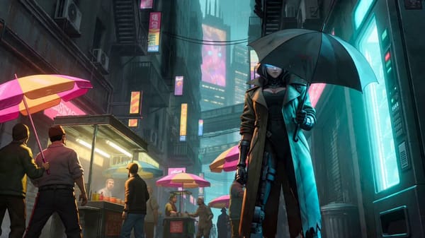 SUBJECTS: Protagonist: A female cyborg wearing a tattered leather trench coat, glowing optical viso… prompt example