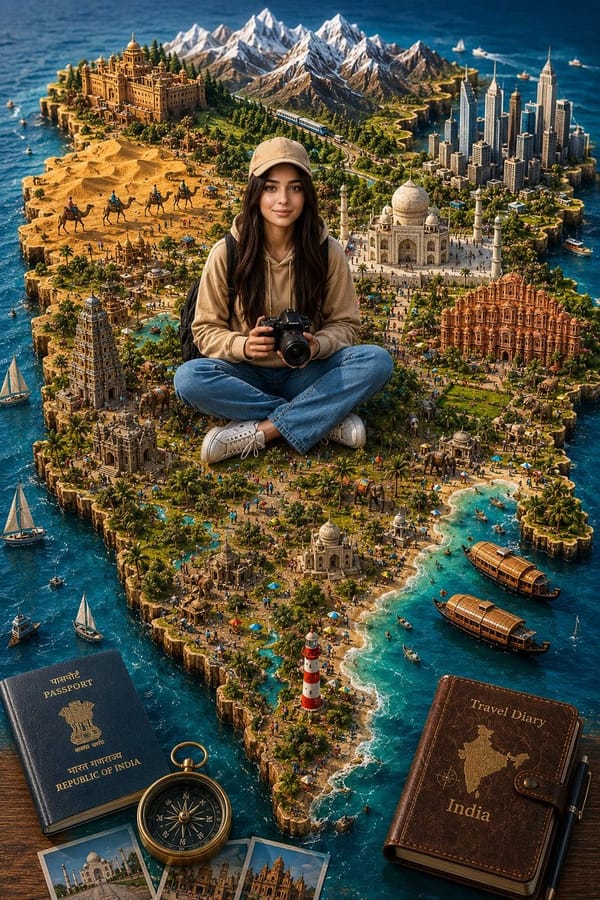 A highly detailed 3D miniature travel diorama of India shaped as a realistic raised map, surrounded… prompt example