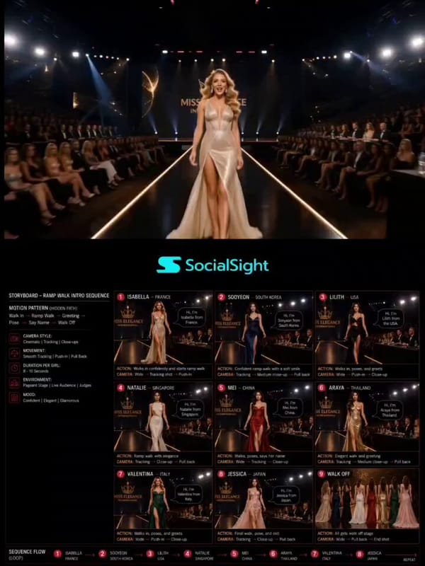 Professional fashion pageant storyboard image, 9-panel cinematic layout, luxury runway stage pa…