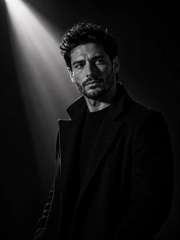 Ultra-cinematic black-and-white portrait of a young man standing in a dark minimalist studio, w…