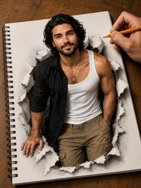 Hyper-detailed photorealistic illustration of a handsome young man breaking out of a spiral-bou…