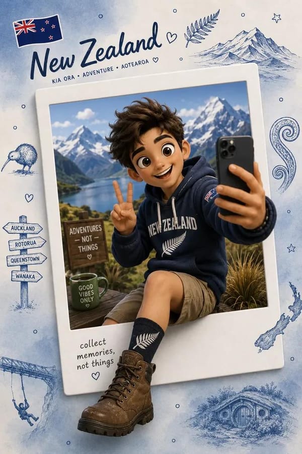Create a premium collectible travel poster in a cute stylized 3D cartoon/Pixar-inspired aesthetic. prompt example
