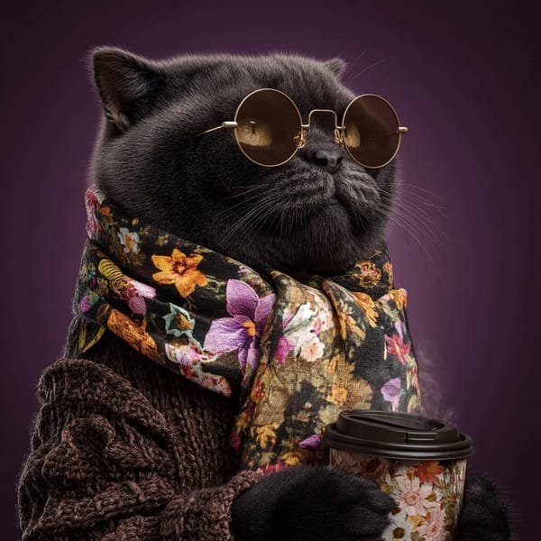 A black british shorthair cat wearing sunglasses and an elegant floral scarf is holding a cup o…