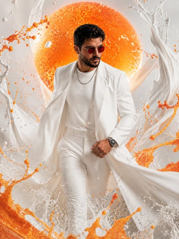 Create an ultra-luxury surreal fashion editorial featuring the same person from the uploaded im…